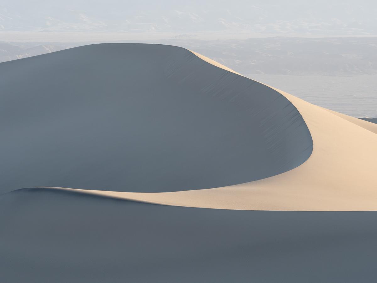 The curved ridge of a sand dune in soft light